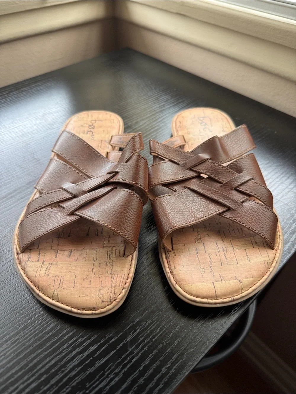 boc Brown Leather Crisscross Slide Sandals